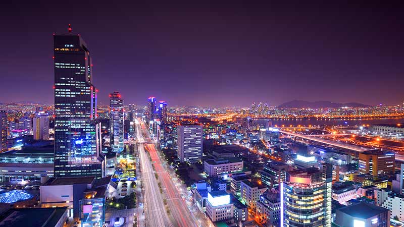 Gangnam District, Seoul, South Korea skyline at night.